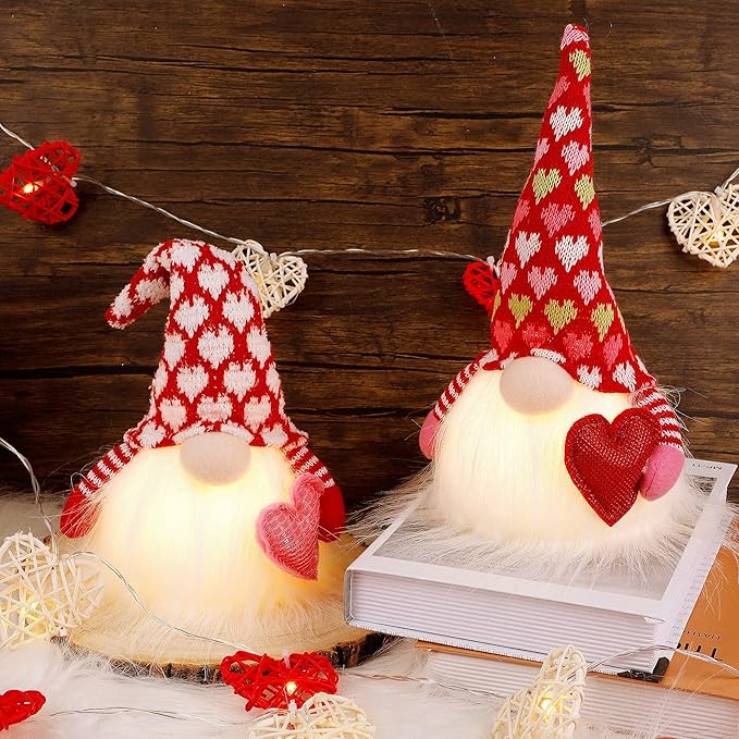 Juegoal 2 Pack Lighted Valentines Gnomes Decorations, Handmade Mini Scandinavian Swedish Tomte, Light Up Elf Holiday, Battery Operated Valentine Gift Tabletop Ornament