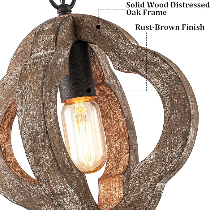 9.84" Modern Farmhouse Wood Pendant Lights Kitchen Island 1-Light Orb Distressed Oak Pendant Light Rustic Ceiling Hanging Light for Kitchen Sink Dining Room Hallway Entryway Foyer Adjustable Chain E26