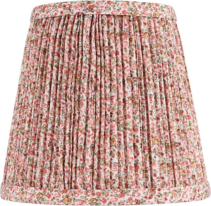 4" Top x 6" Bottom x 5 1/2" High x Print Cottage Core Lamp Shade Replacement Small Mini Pink Red Empire Round Floral Modern Fabric Leaf Shirred Pleated Pattern Clip On Candelabra - Springcrest