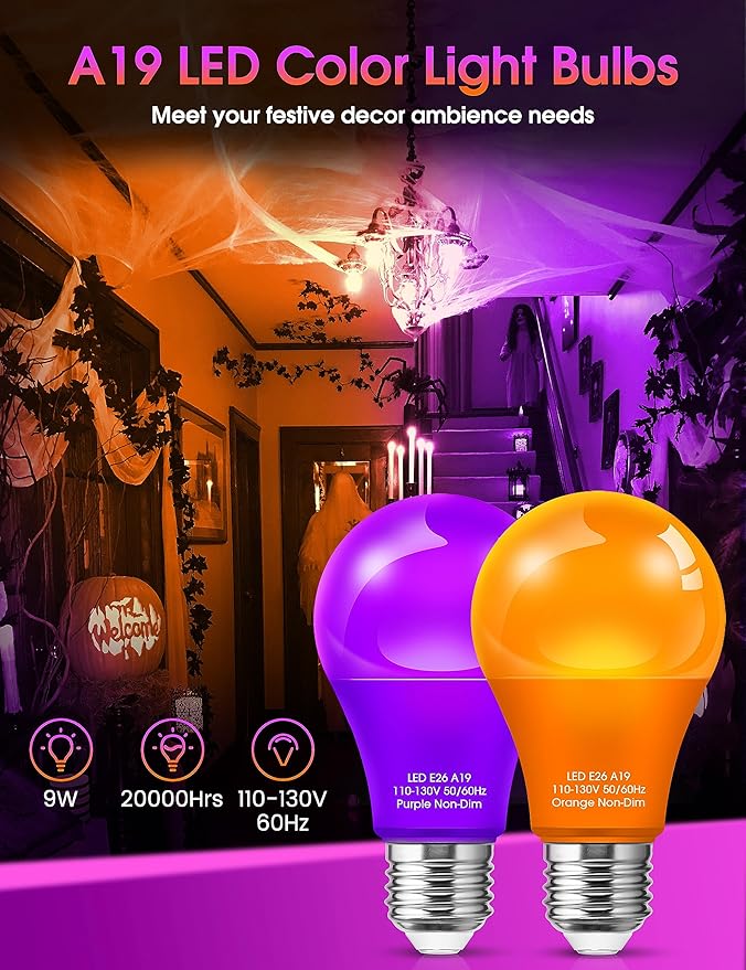 Fulighture Purple Orange Light Bulbs Outdoor [ 4 Pack ] LED A19 Halloween Light Bulbs LED Orange Light 9W (60W Equivalent) - E26 Purple Light Bulb for Porch Colored Christmas Party Home Decor