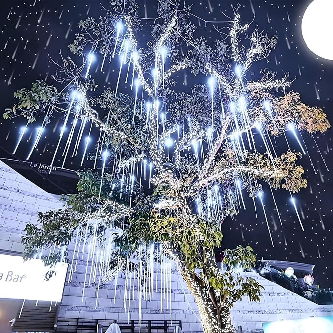 Aukora Christmas Lights Outdoor Meteor Shower Falling Rain Lights 12 inch 8 Tubes 192LED Snowfall Cascading Icicle String Light for Xmas Tree Decor Wedding Party Holiday Window Garden, UL Plug, White