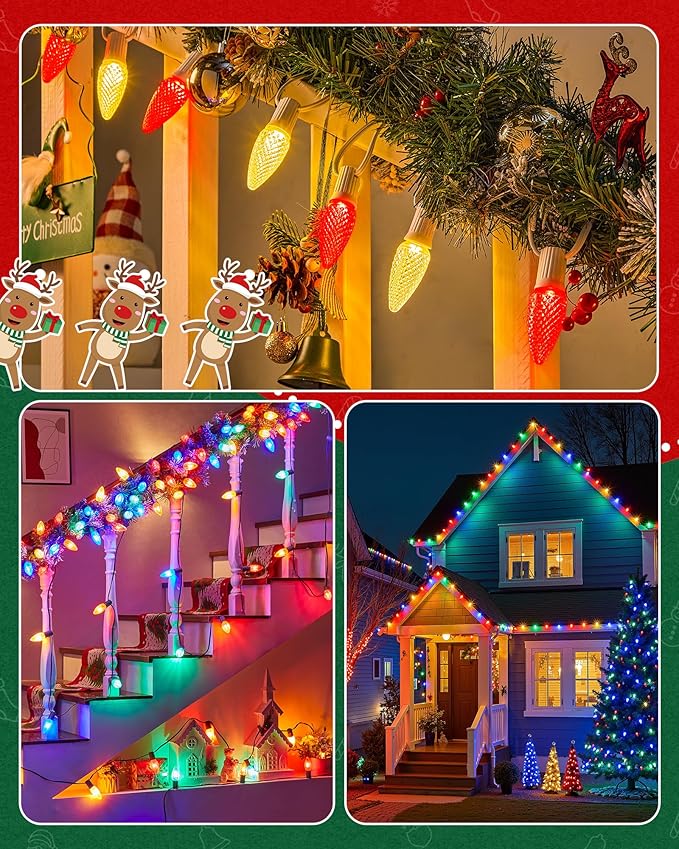 Brightown C9 Light Strand, 25FT White Cord Outdoor String Lights Christmas Stringer with 12" Socket Spacing, C9/E17 Intermediate Base Indoor/Outdoor Stringer Set for Christmas Decor Patio