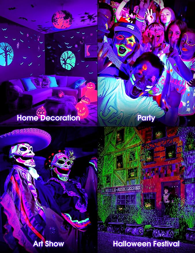 Black Light Bulbs 4 Pack, A19 LED Black Light Bulbs for Glow in The Dark 9W (100W Equivalent) E26 Base, Black Lights Party, Fluorescent Poster, Body Paint,Neon Glow