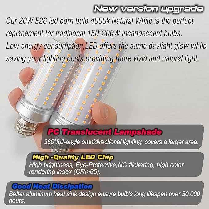 1.77x 5.9 inch,E26 E27 LED Corn Light Bulb 200W Replacement 3000 lm 4000K Natural White,20W E26 Medium Base Non-dimmable Candelabra Ceiling Fan Corn Lighting for Home Garage Warehouse Corn Bulbs,4Pack