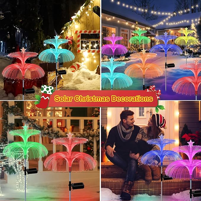 Solar Garden Lights, 4 Pack Solar Star Jellyfish Lights 7 Color Changing Fiber Optic Light Gardening Gifts for Mom Grandma Women, Flower Light for Outdoor Yard Garden Decor