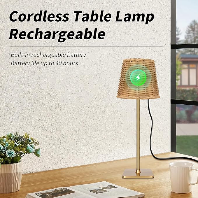 Mr. White Outdoor Waterproof Cordless Set of 2 Rechargeable Portable Top Touch Battery Operated Powered LED Table Lamp Desk Lamp Lights for Restaurant Kitchen Patio Dinner Dining (Gold 2 Pack)
