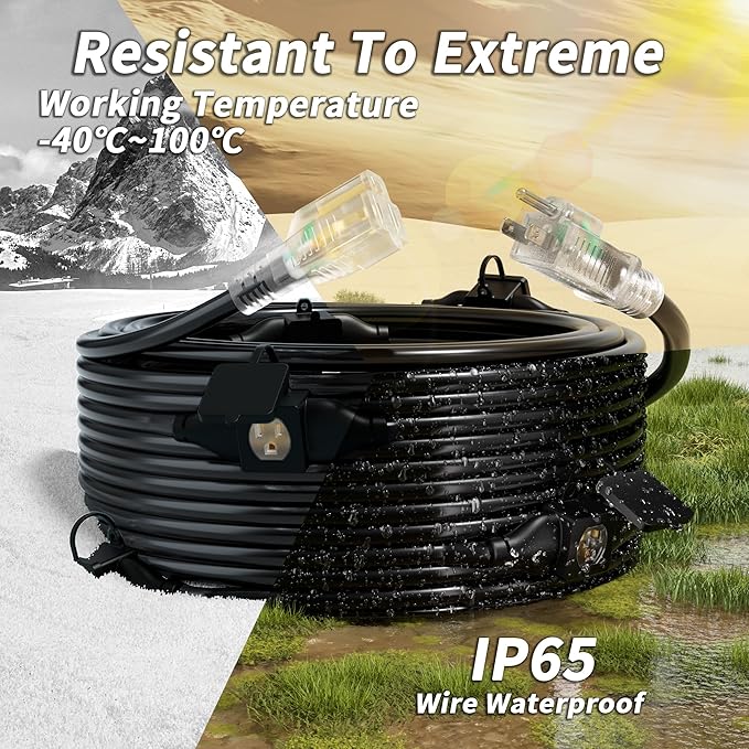 50 FT Outdoor Extension Cord with Multiple Outlets, 14/3 Gauge Heavy Duty Extension Cord Evenly Spaced 6 Outlets Plugs Black with Lighted Waterproof, 15AMP 1875W 125V 14AWG SJTW,ETL Listed.