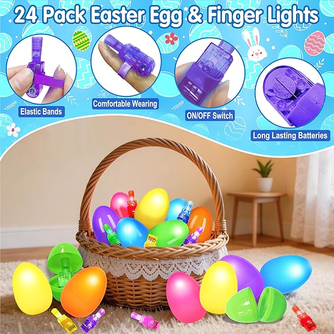 24 Pack Easter Eggs Fillers with Finger Lights, Easter Party Favors Light Up Toys for Kids Boys Girls Easter Egg Fillers Easter Hunt Filling Treats Easter Basket Stuffers