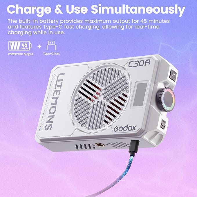 GODOX Litemons C30R RGB Led Video Panel Light,30W On Camera Pocket Lights CCT 1,800K-10,000K,3350mAh Rechargeable for Photography,Videographer and Vlogging