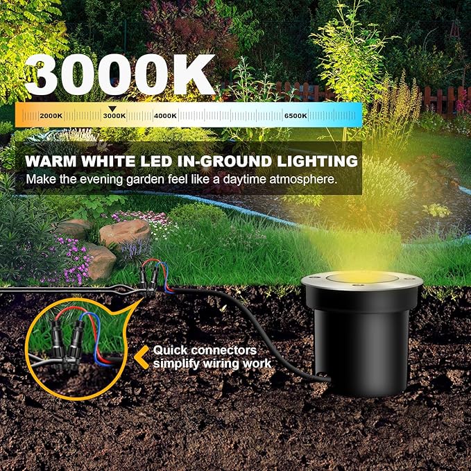 8Pack Low Voltage Landscape Lights with Connectors 3W LED 12-24V In-Ground Lighting IP67 Waterproof Garden Lights 3000K Outdoor Decorative Light for Yard Pathway Tree Patio (Warm White)