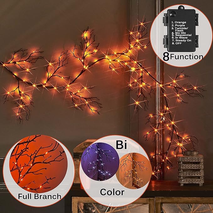 Hairui Halloween Garland with Lights 120 Orange and Purple Bi-Color Fairy Lights 8 Functions, Lighted Black Garland 6FT Battery Operated for Indoor Outdoor Home Halloween Decoration