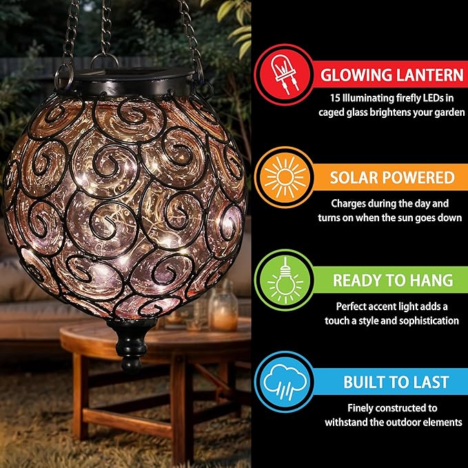 Solar Hanging Lantern Outdoor Garden Lights, Round Glass and Metal Hanging Lantern, 15 Firefly LED Lights, 7 x 20 Inch, Amber