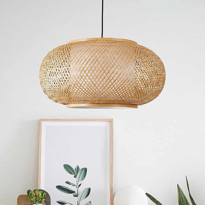 Bamboo Pendant Light Basket Weave Hanging Light, 1 Light Elegant Rattan Chandelier for Kitchen Island Nursery (23")