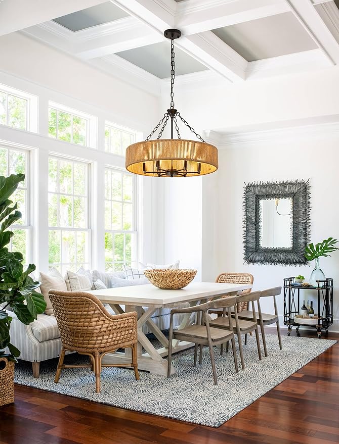 Farmhouse Ceiling Chandelier, 24-inch Bohemian Style Natural Rustic Woven Hemp Rope Pendant Light Round Black Suspension Fixture Suitable for Living Room, Bedroom, Dining Room, Kitchen