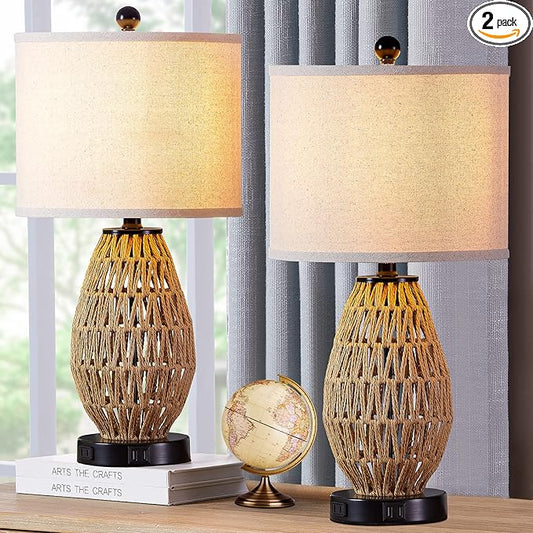 Touch Control Rattan Table Lamps, 3 Way Dimmable Bedside Lamps for Bedroom Set of 2 with 2 USB Ports and AC Outlet, Wicker Nightstand Lamps for Living Room (LED Bulbs Included)