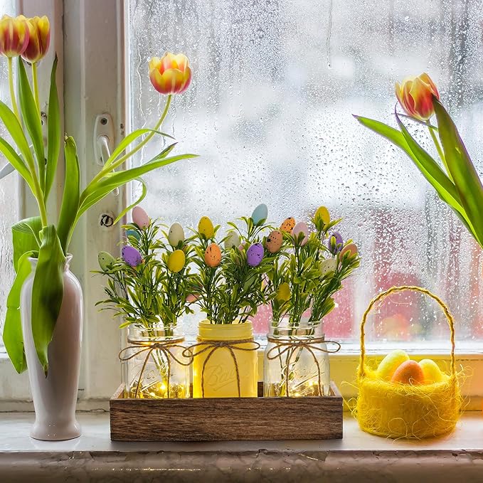 Easter Centerpiece Table Decorations for Table Runner Farmhouse Coffee Table Decor with Wood Tray and Led Light Table Centerpieces for Dining Room Kitchen Living