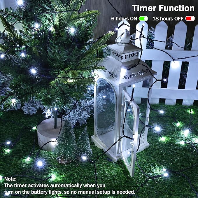 Lomotech Battery Operated Christmas Lights - 4 Pack Total 66ft 200LEDs String Lights 8 Modes Waterproof with Timer for Home, Garden, Party, Holiday, Tree Decoration (Green Wire, White）