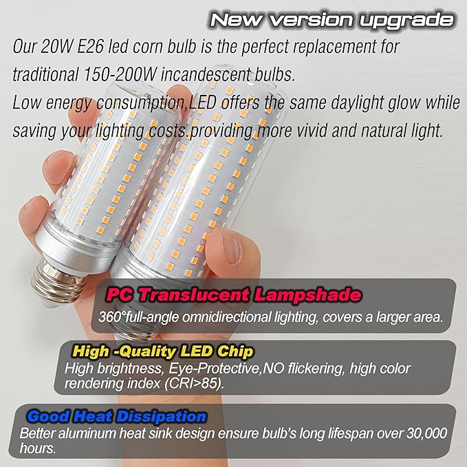 Big 1.77x 5.9 inch E26 Medium Base 200w Replacement LED Corn Bulbs, 2700K Warm White,3000 Lumen E26 E27 20W LED Candelabra Ceiling Fan Light Bulbs for Home Garage Warehouse Indoor, Non-dimmable,4 Pack