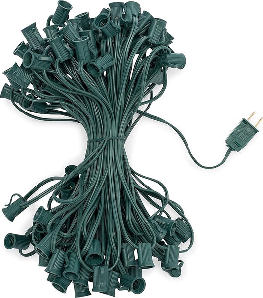 HLO Lighting C7 Light Strings | 100' Green Cord with 12" Socket Spacing, E12 Light Stringer for C7 Christmas Lights