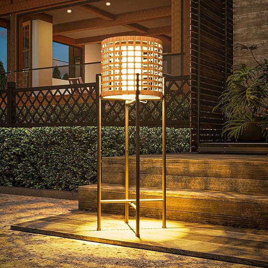 LAUSAINT HOME Solar Powered Outdoor Floor Lamp with Auto On/Off LED Light, Waterproof Wicker Patio Floor Lights, Boho Rattan Floor Lantern (1 Floor Lamp)