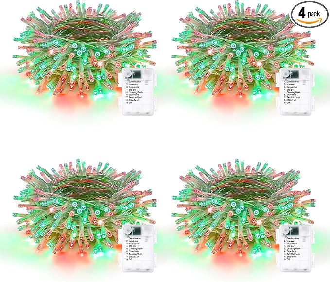 Lomotech Battery Operated Christmas Lights - 4 Pack Total 66ft 200LEDs String Lights 8 Modes Waterproof with Timer for Home, Garden, Party, Holiday, Tree Decoration (Clear Wire, Red & Green)