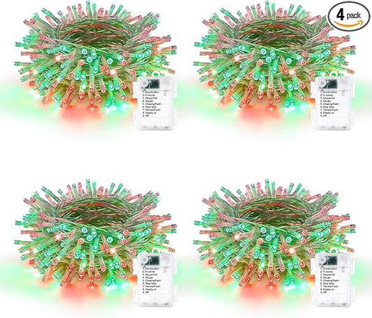 Lomotech Battery Operated Christmas Lights - 4 Pack Total 66ft 200LEDs String Lights 8 Modes Waterproof with Timer for Home, Garden, Party, Holiday, Tree Decoration (Clear Wire, Red & Green)