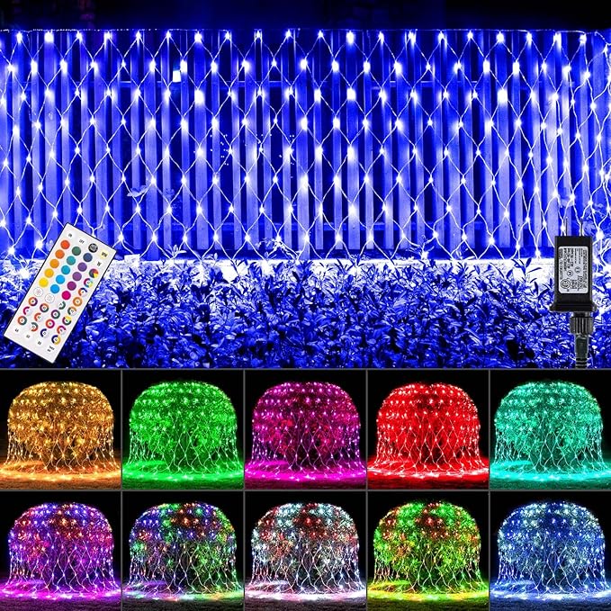 LitHome 204 LED Christmas Net Lights Outdoor, 9.8ft x 6.6ft Color Changing Christmas Net Lights with Remote, 35 Colors 9 Modes Connectable RGB Mesh Light Blue Plug in for Bushes, Xmas, Garden Decor