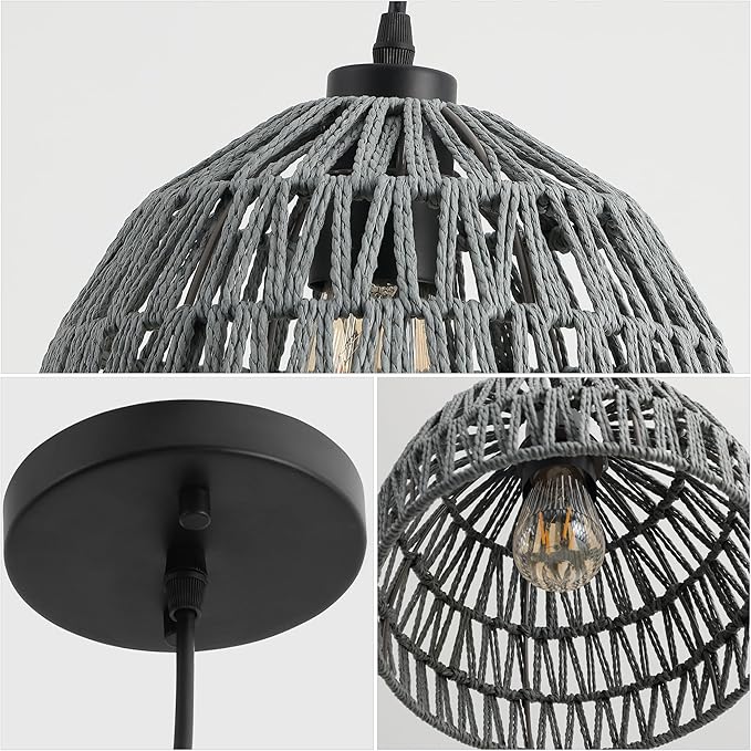 JONATHAN Y 8.25" Gray Modern Bohemian Woven Rope LED Pendant Light Fixture, Adjustable Dome Ceiling Lamp for Kitchen Island, Rope Shade, Coastal Farmhouse Decor (JYL6512D)