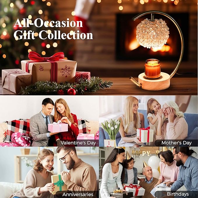 Gold Candle Warmer Lamp for Jar Candles with Adjustable Brightness＆Timer，Handcrafted Crystal＆Wooden Base, Luxurious Design,Home Decoration Electric Candle lamp(C-Shaped)