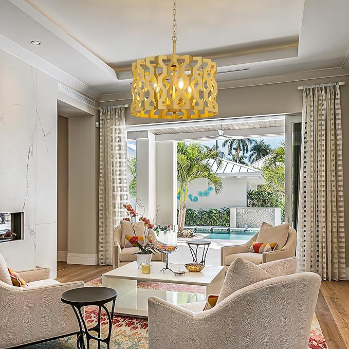 Wellmet Modern Chandelier Light,Gold Ceiling Light Fixture for Dining Room,4 Light Drum Farmhouse Geometric Pendant Light,Round Large Chandelier for Bedroom,Living Room,Cabin,Foyer,Kitchen Island 20"D