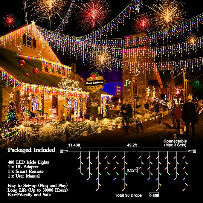 480 LED 49FT Christmas Lights Plug in 8 Modes with Timer Dimmable Ice Lights Outdoor Waterproof Indoor Ice String Lights for Roof Porch Garden Holiday Wedding Xmas Decor (Multicolor)