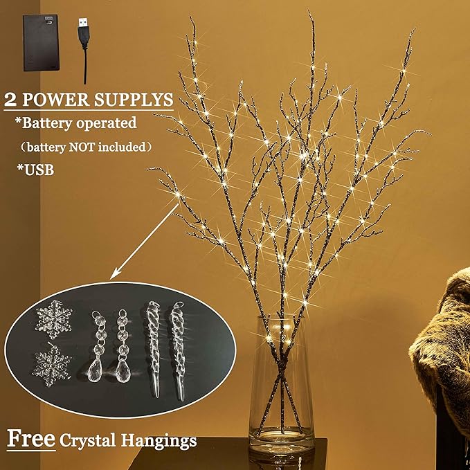 LITBLOOM Lighted Willow Branches Silver Glittered 32IN 120 LED with Timer Battery Operated and USB Plug in, Tree Branch with Fairy Lights for Home Room Christmas Decoration