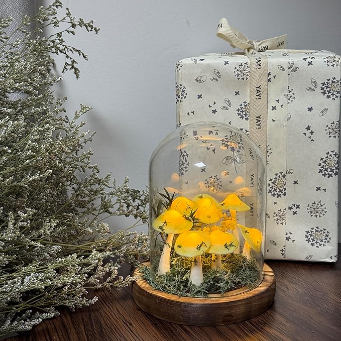 Mushroom Lamp, Decor LED Light in Glass Dome with Base for Home Bedroom Decor Birthday with Birthday Valentines Anniversaries Gifts Box (Yellow)