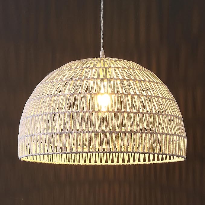 JONATHAN Y 20" White Modern Bohemian Woven Rope LED Pendant Light Fixture, Adjustable Dome Ceiling Lamp for Kitchen Island, Rope Shade, Coastal Farmhouse Decor (JYL6504E)