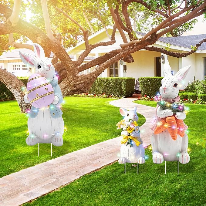 Extra Large Easter Decorations Outdoor Bunny Yard Signs 3pcs with Stakes Cute Bunny Yard Decorations with LED Lights Holiday Welcome Signs for Party, Lawn, Garden Yard Decor