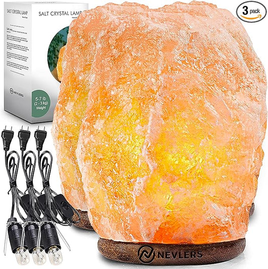 Nevlers (3 Pack 6-8" Tall 5-7 lbs Natural Hand Carved Himalayan Salt Lamp with On/Off Switch & Beautiful Wood Base - Includes Light Bulb | Authentic from the Himalayan Mountains in Pakistan