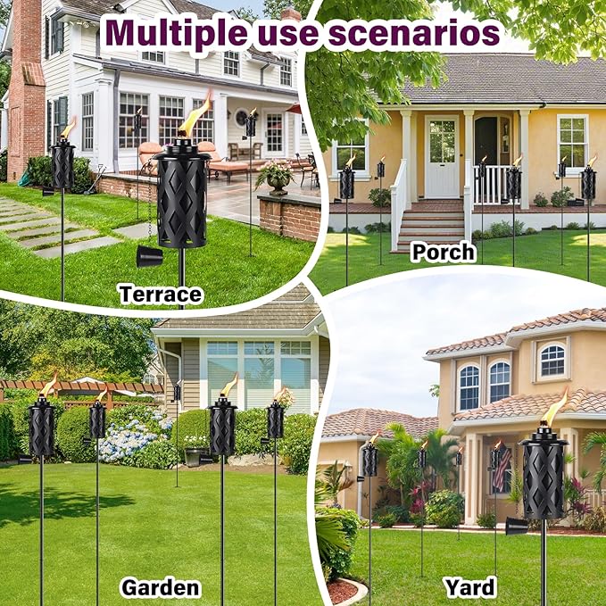 Upgraded 60 Inch Citronella Torches for Outside Set of 6, 16 Oz Outdoor Garden Torches with 5-Prong Grounded Stake, Metal Torch for Garden Décor, Outside Torches for Backyard, Garden, Patio