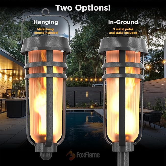 FoxFlame Metal Solar Torch Lights-Adjustable Height (24"-50"), Outdoor Garden Decor with Patented LED, Waterproof Solar Tiki Torches for Yard,Patio,Garden Pathway,Matte Black–2 Pack