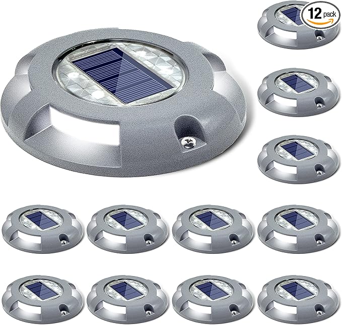 SIEDiNLAR Solar Deck Lights Driveway Dock LED Light Solar Powered Outdoor Waterproof Road Markers for Step Sidewalk Stair Garden Ground Pathway Yard 12 Pack (White)