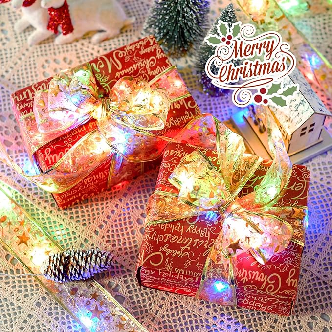2 Pack Christmas Tree String Lights - 33ft 100 LED Battery Powered Fairy Lights with Timer and 8 Lighting Modes, Gold Ribbon Bows Lights for 6ft - 8ft Christmas Tree Decor, Multi-color