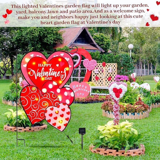 VIHOSE Valentine Garden Flag, 12 x 18 Inch Double Sided Solar Powered LED Heart Flag with Lighting 8 Modes Happy Valentine Red Love Heart Yard Flags Outdoor Banner for Valentine's Day Decorations