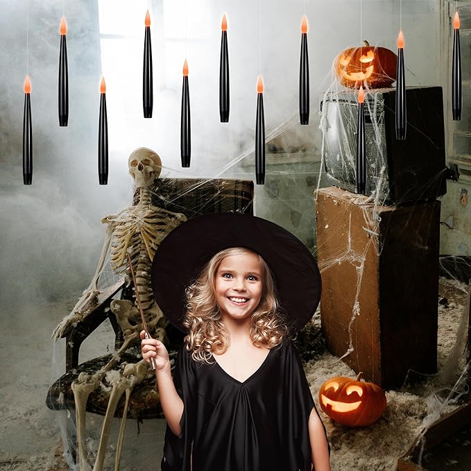 Floating Candles with Wand, Magic Halloween Decorations 10pcs Black Flameless Candles with Remote LED Battery Operated Candle for Halloween Decor Gift 6.1in