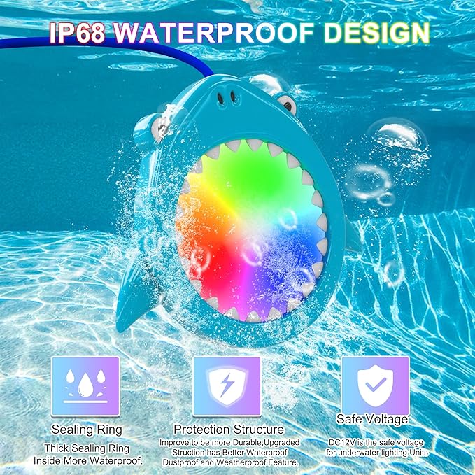 Led Pool Lights for Inground Pools Smart RGB Dimmable Underwater Submersible Lights with APP Control, IP68 Waterproof 12V for Swimming Pool Spa Light, Hot Tub - Shark,26.2ft Cable