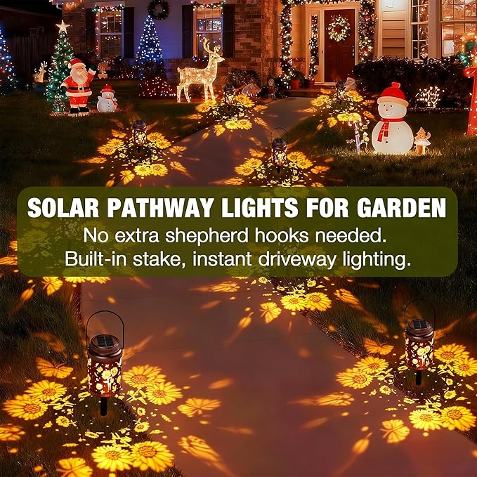 Cooo 4 Pack Solar Lanterns Outdoor Waterproof Sunflower Butterfly Solar Pathway Lights Landscape Path Christmas Gifts for Women Mom Grandma for Outdoor Table Lamps Garden Yard Backyard Decor-Rose Gold