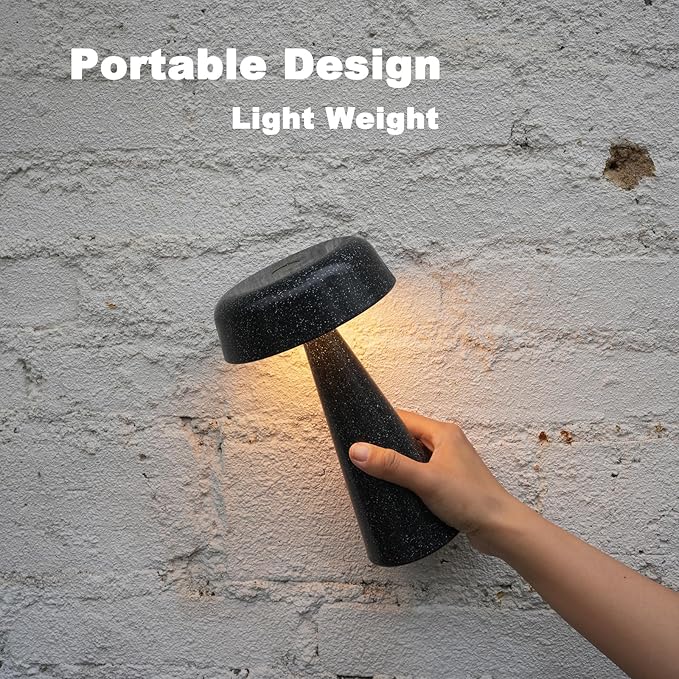 Cordless Mushroom Lamp Rechargeable, Portable Battery Operated Table Lamp Waterproof, Touch Dimmable Night Light for Bedroom/Patio/Dinning/Outdoor (Gypsophila Black)