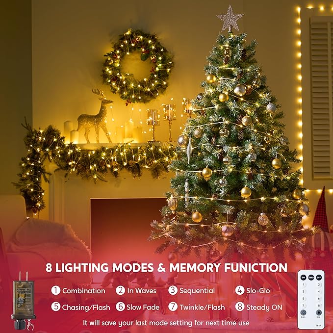 Joiedomi 600 LED Christmas Lights Outdoor,197 FT Warm White Christmas Tree Lights with 8 Modes Timer, PVC Clear Wire String Lights with Reel for Indoor Outdoor Holiday Xmas Eve Night Decorations