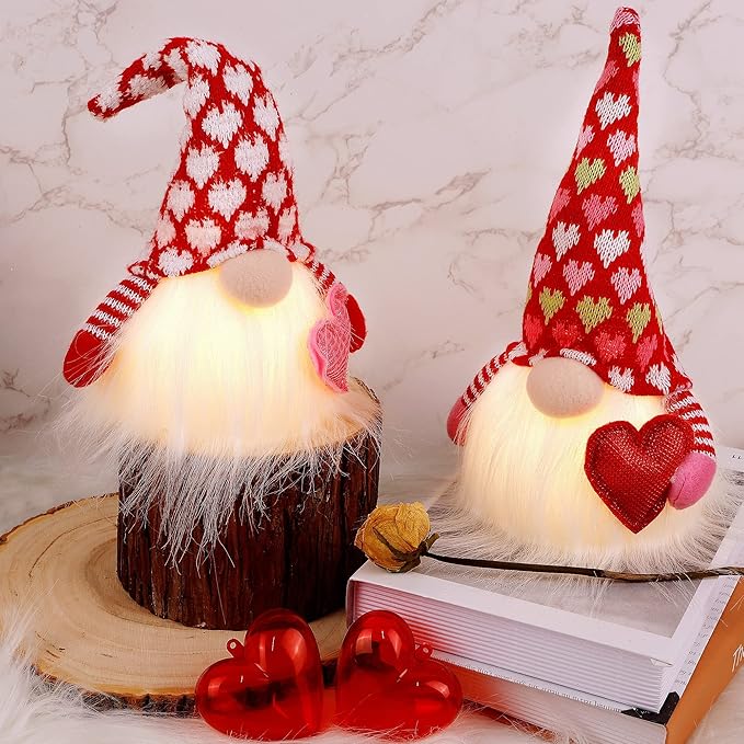 Juegoal 2 Pack Lighted Valentines Gnomes Decorations, Handmade Mini Scandinavian Swedish Tomte, Light Up Elf Holiday, Battery Operated Valentine Gift Tabletop Ornament