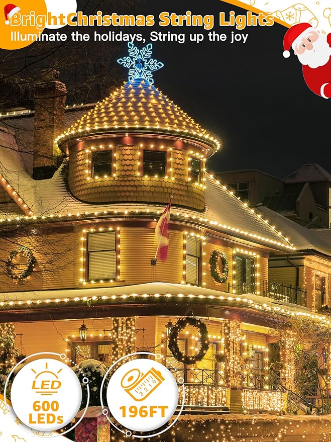Christmas Lights 600 LED 196 FT, Waterproof Outdoor String Lights with Remote and Timer, Christmas Tree Lights with 8 Modes Dimmable, Fairy Lights for Holiday Decor (Warm White)