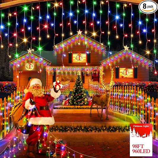 98FT 960 LED Christmas Lights, Waterproof 8 Modes Ice Lights for Outside with Memory and Timer Hanging Fairy Lights Plug-in Curtain String Lights for Holiday Party Wedding Home (Multicolor)