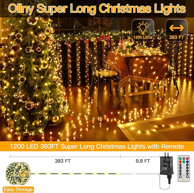 Ollny Christmas Lights Outdoor, 393FT 1200 LED IP67 Waterproof Christmas Tree Lights with 8 Modes Remote Timer, String Lights for House Yard Outside Indoor Xmas Decorations Warm White